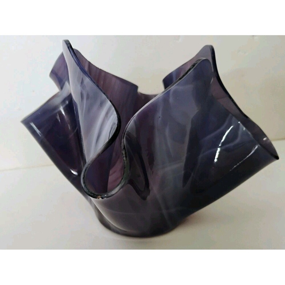 Vintage Hand Blown Amethyst Glass Handkerchief Vase Draped Swirl 6.5" Signed